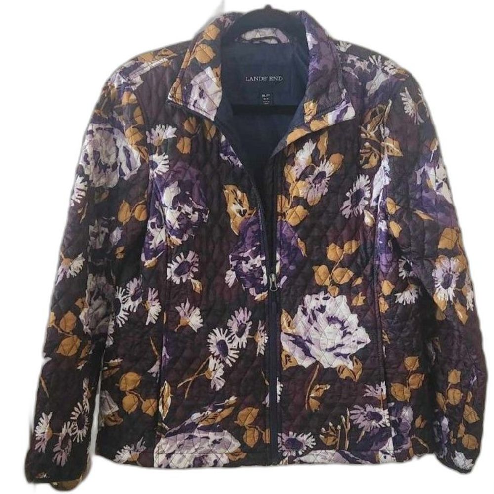 Lands' End quilted jacket womens M petite purple/gold Fall Floral